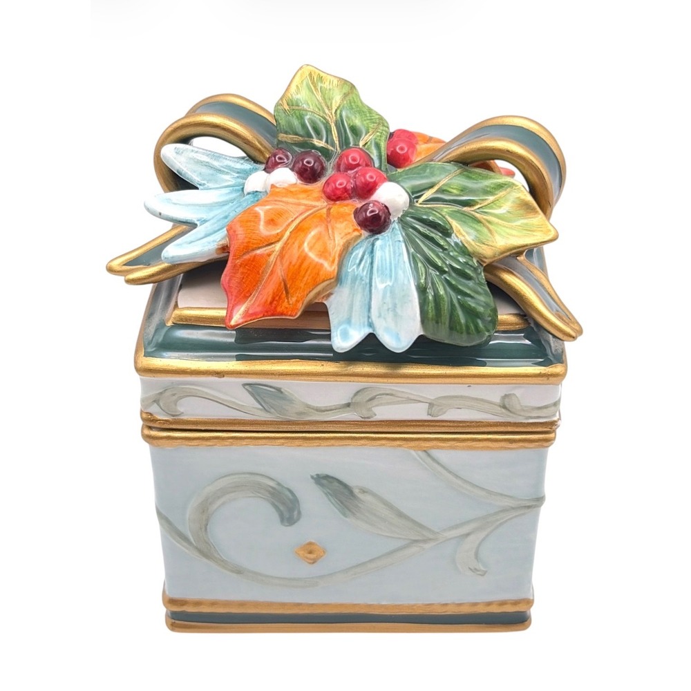 Vintage Fitz & Floyd Clairmont Lidded Porcelain Box Green Gold Christmas Present